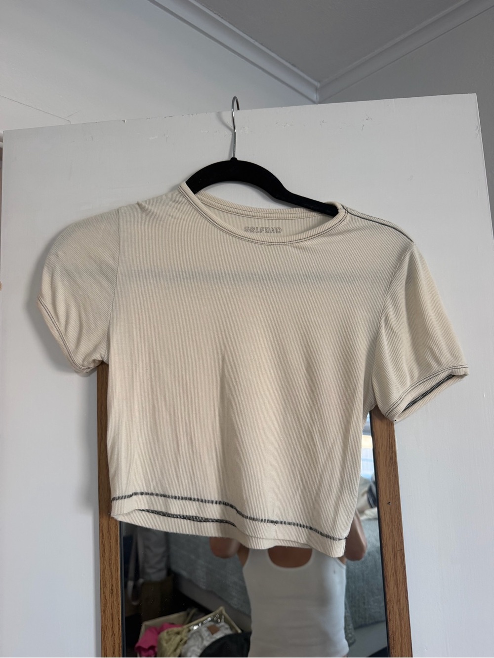 GRLFRND ivory tee with contrast black stitching